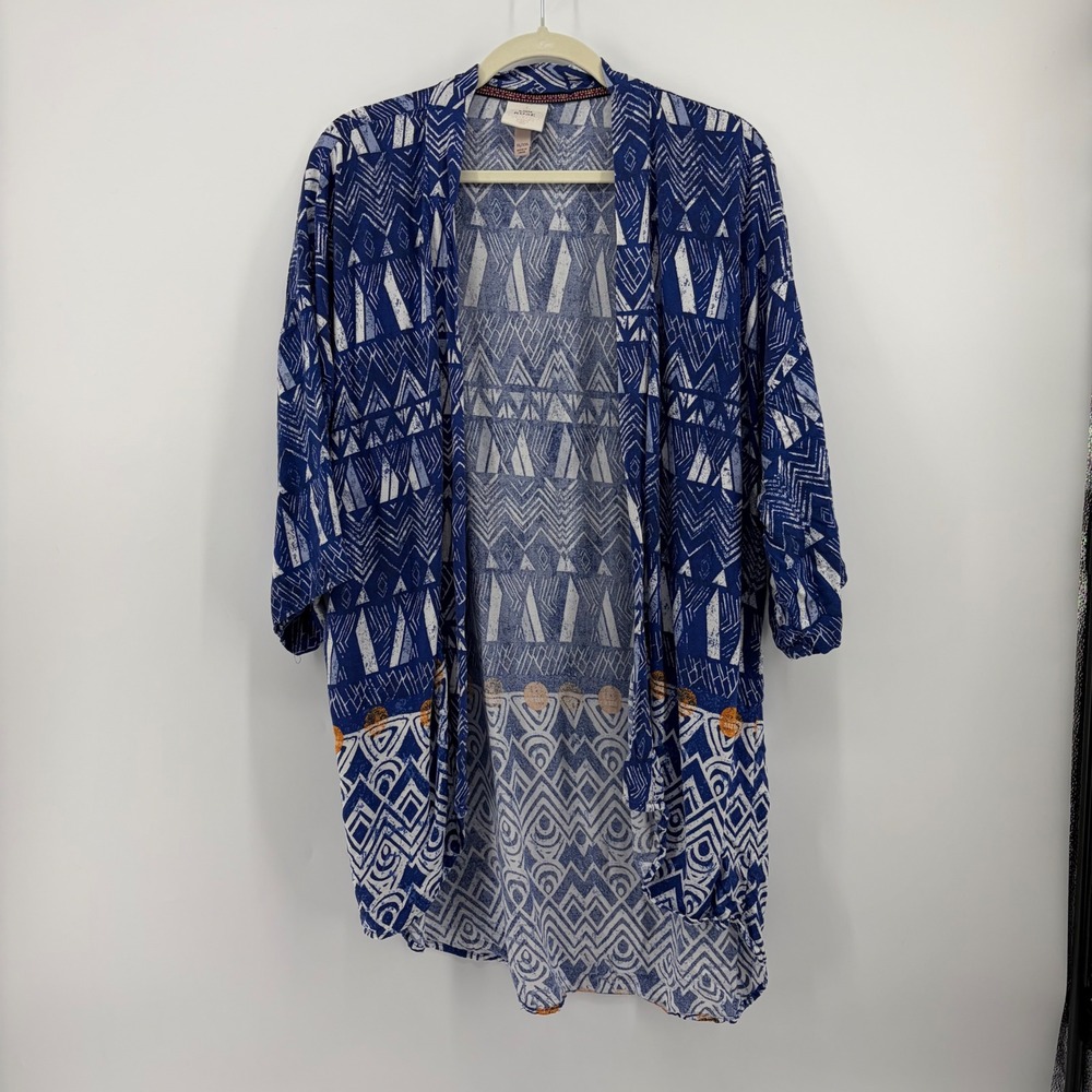Knox‎ Rose Womens XL/XXL Blue Geometric Kimono Tribal Print Open Front Cardigan